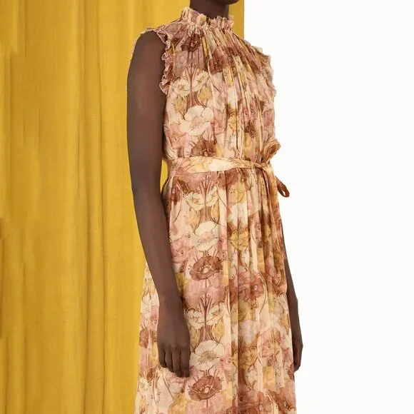 Zimmermann Tempo Flutter Midi Dress Silk Toffee Nouveau Size AU 1 US 6 - Picture 3 of 12